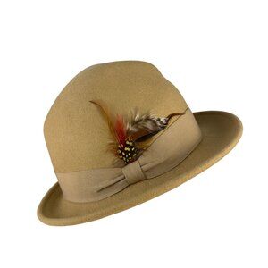 Tan Wool Mens Fedora Hat With Ribbon & Feather Accent Stylish & Classic Design